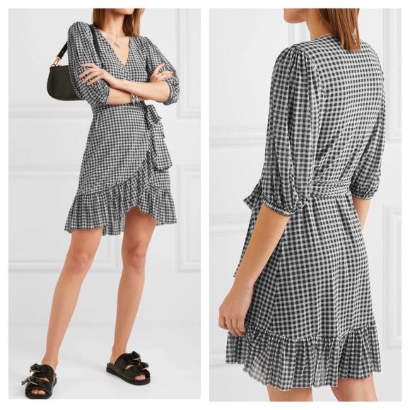 Ganni Gingham Mesh Wrap Mini Dress Size 40 Ruffle Stretch Black White Check - Picture 8 of 13